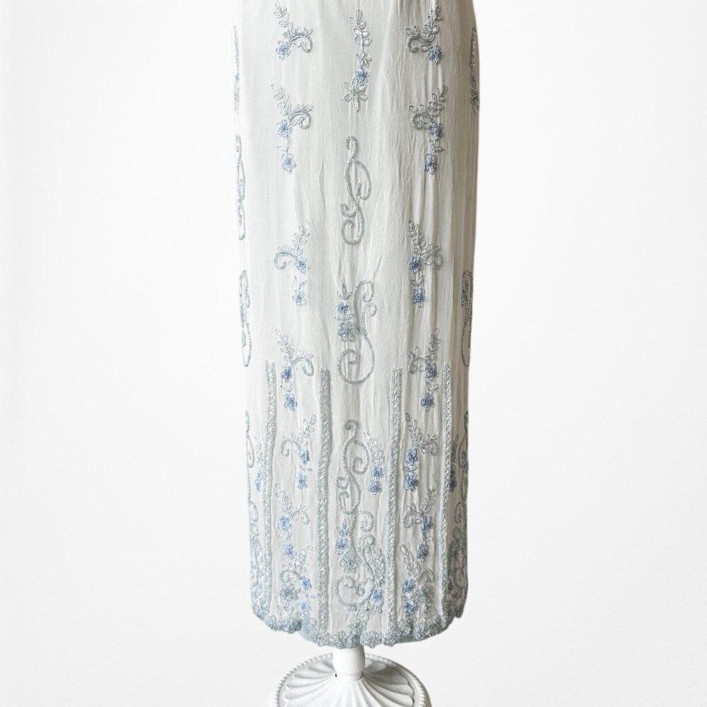 Vintage Y2K Silk Baby Blue Cream Bodycon Floral Beaded Maxi Prom Dress Size S - Picture 7 of 9